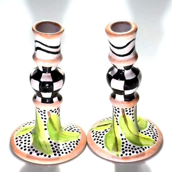 Hand-Painted Ceramic Candlestick Holders Pair With Unique Design - Picture 1 of 8